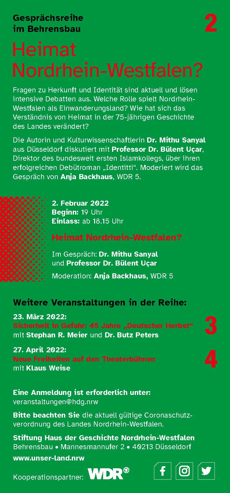 Stiftung Haus der Geschichte Nordrhein-Westfalen Veranstaltungsankündigung, 2. Februar 2022, 19 Uhr, Behrensbau, Düsseldorf / Veranstaltungsflyer