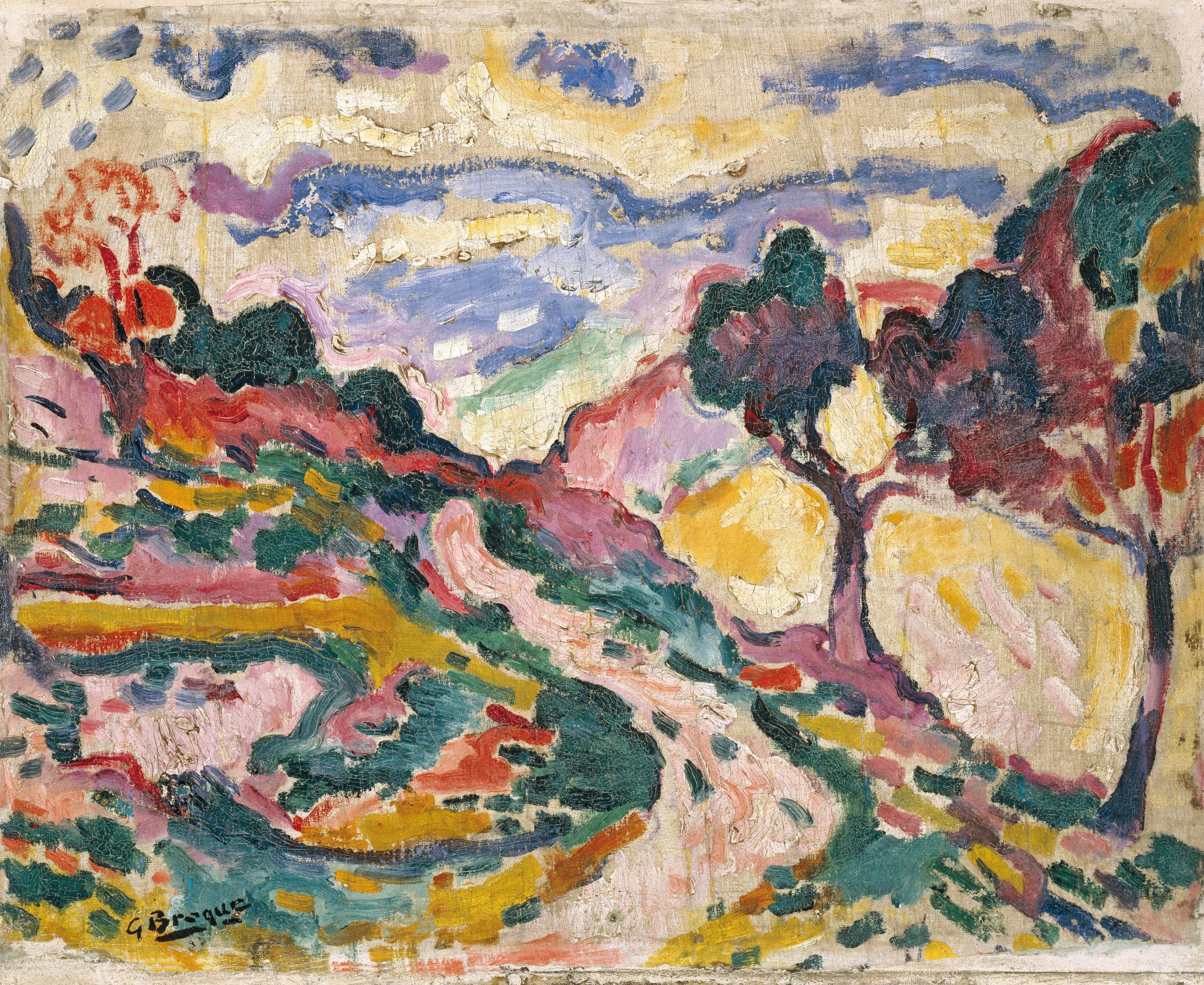 Georges Braque, Landschaft bei La Ciotat, 1907, Öl auf Leinwand 38 × 46,2 × 2,4 cm, Kunstsammlung Nordrhein-Westfalen, Düsseldorf. © VG Bild-Kunst, Bonn 2021 / Kunstsammlung Nordrhein-Westfalen, Düsseldorf. Foto: Walter Klein, Düsseldorf 