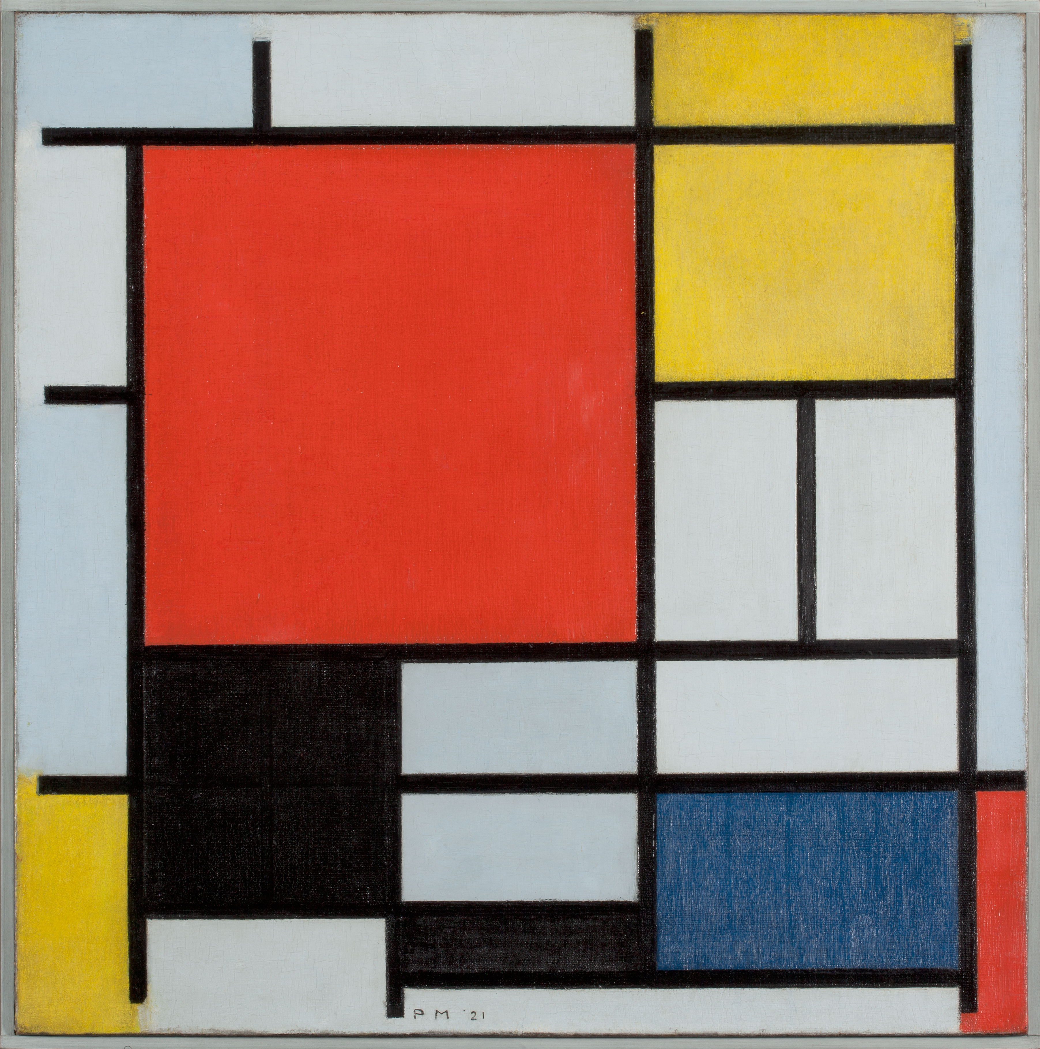 Piet Mondrian, Komposition mit großer roter Fläche, Gelb, Schwarz, Grau und Blau, 1921, Öl auf Leinwand, 59,5 x 59,5 cm, Kunstmuseum Den Haag, Niederlande 