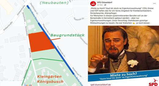 Karte Grafik des Grundstücks mit Material von Google und Ausriss SPD in Facebook