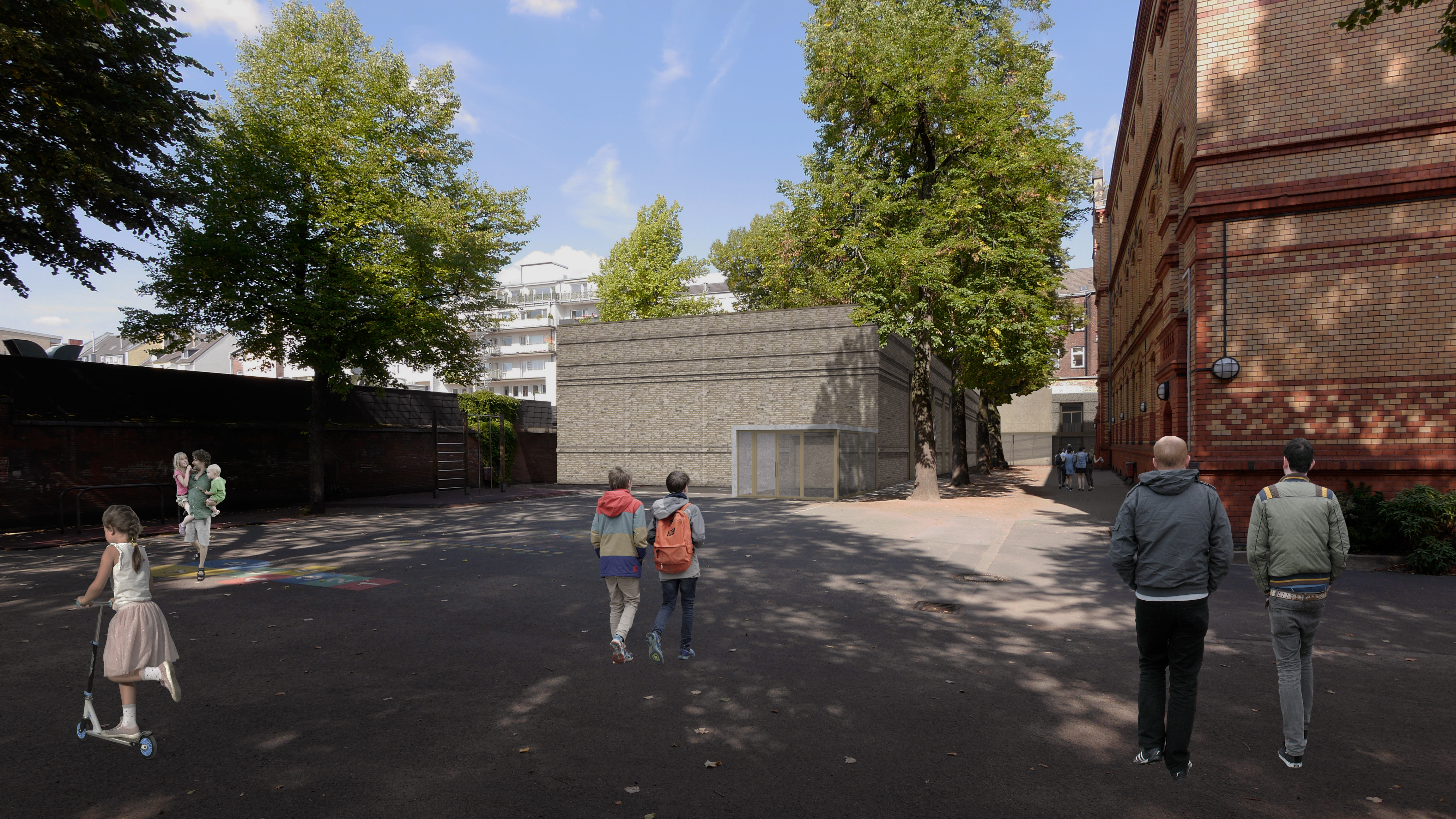 Animation der neuen Einfeld-Sporthalle an der GGS Kronprinzenstraße,©Landeshauptstadt Düsseldorf/WOLLENWEBERARCHITEKTUR