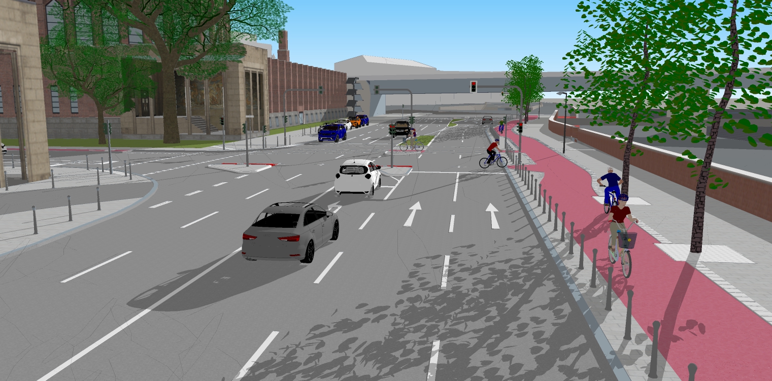 Durch den neu aufgeteilten Straßenraum wird zum Rheinufer mehr Platz für den Seitenraum geschaffen, in dem nun der Rad- und Fußverkehr separiert wird und ein Zweirichtungsradweg in rotem Asphalt Platz findet