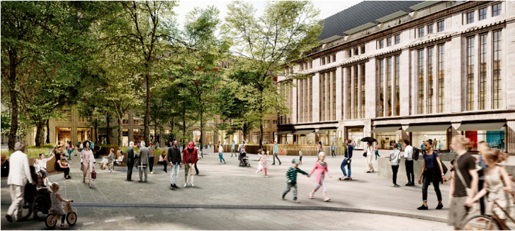 Die Animation zeigt den Blick auf den Heinrich-Heine-Platz nach der Neugestaltung © Landeshauptstadt Düsseldorf, Amt für Verkehrsmanagement 