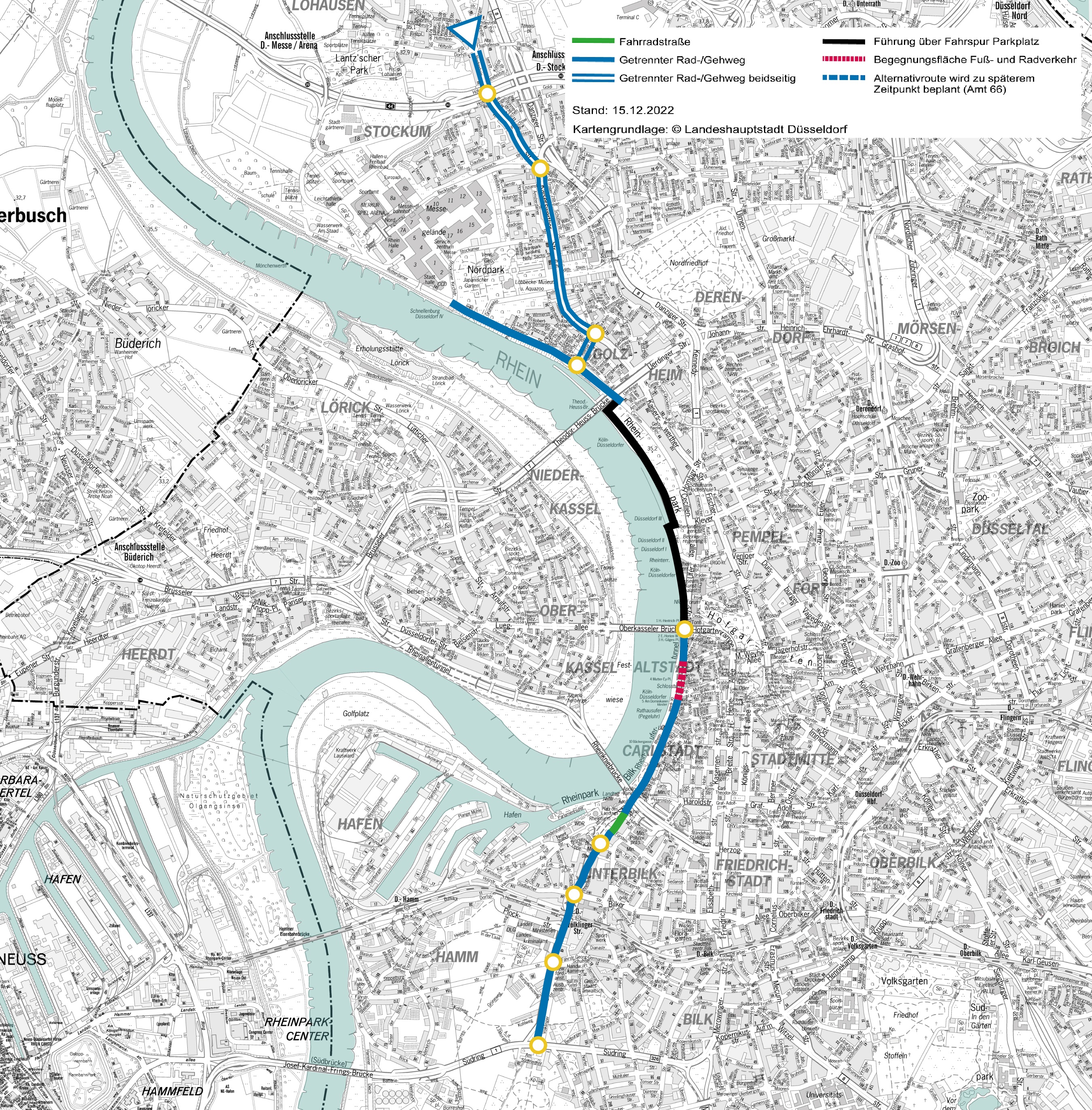 Die Grafik gibt den Planungsstand im Hinblick auf die erste Radleitroute wieder (Stand: Ende 2022) © Grafik: Amt für Verkehrsmanagement
