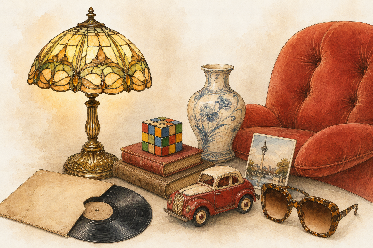 Illustration mit Flohmarktfunden für den NDOZ-Flohmarkt-Kompass Düsseldorf