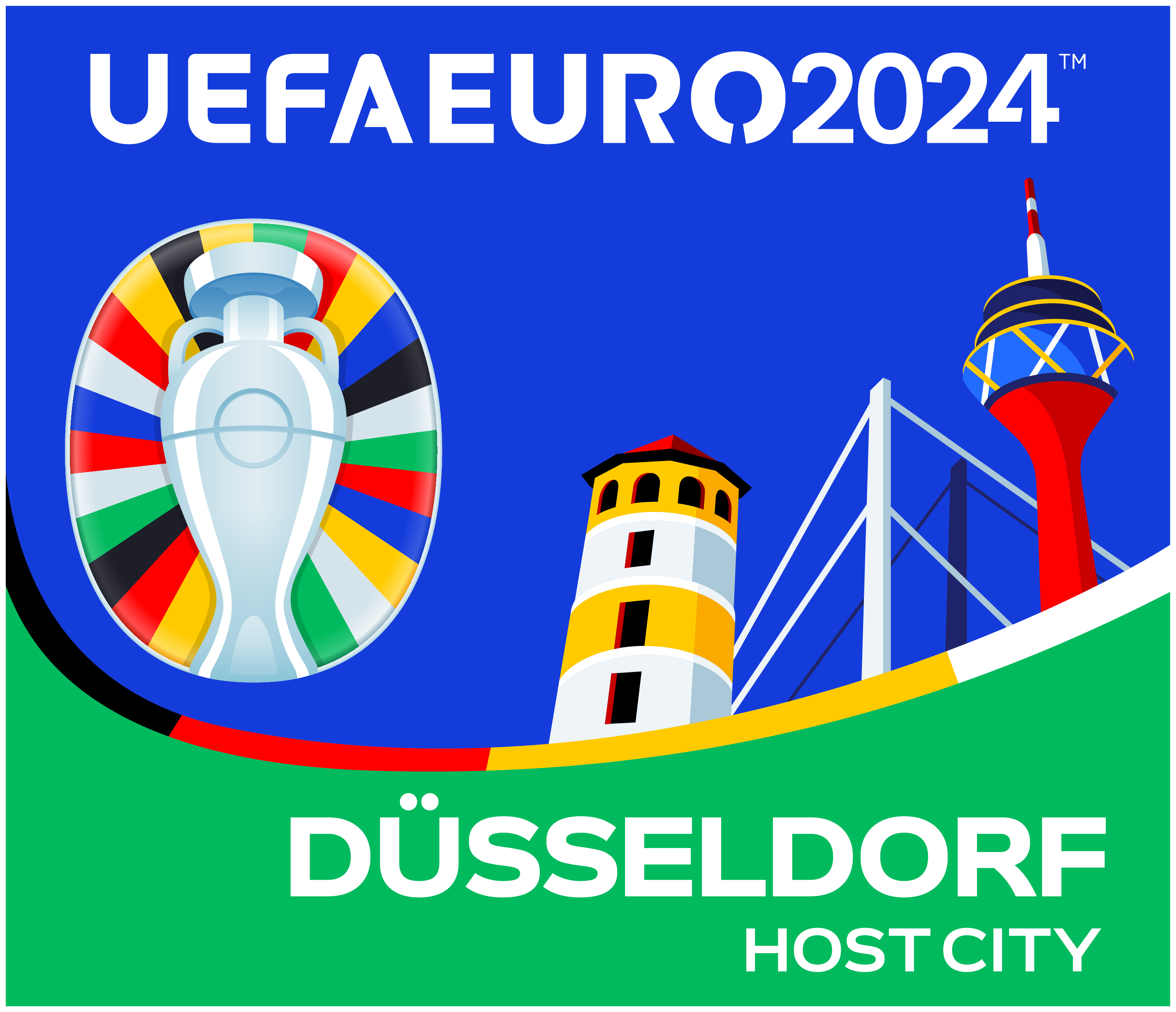 Das Düsseldorfer Logo zur UEFA EURO 2024 in den Farben des Hauptlogos mit den markanten Gebäuden Schlossturm, Rheinturm und Rheinkniebrücke © UEFA