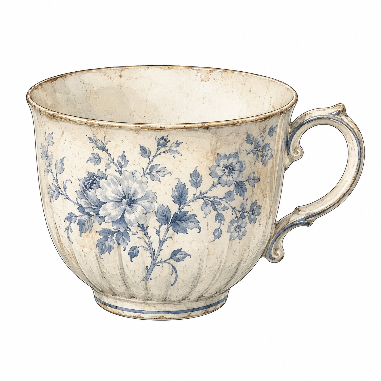 Aquarell-Illustration einer Vintage-Kaffeetasse aus Porzellan mit blauen floralen Mustern auf weißem Hintergrund
