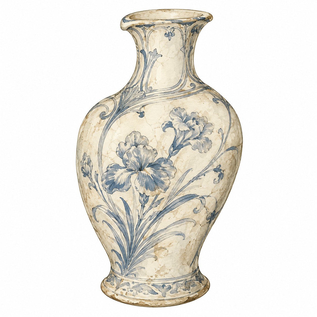 Aquarell-Illustration einer weißen Vintage-Porzellanvase mit blauen floralen Mustern auf weißem Hintergrund