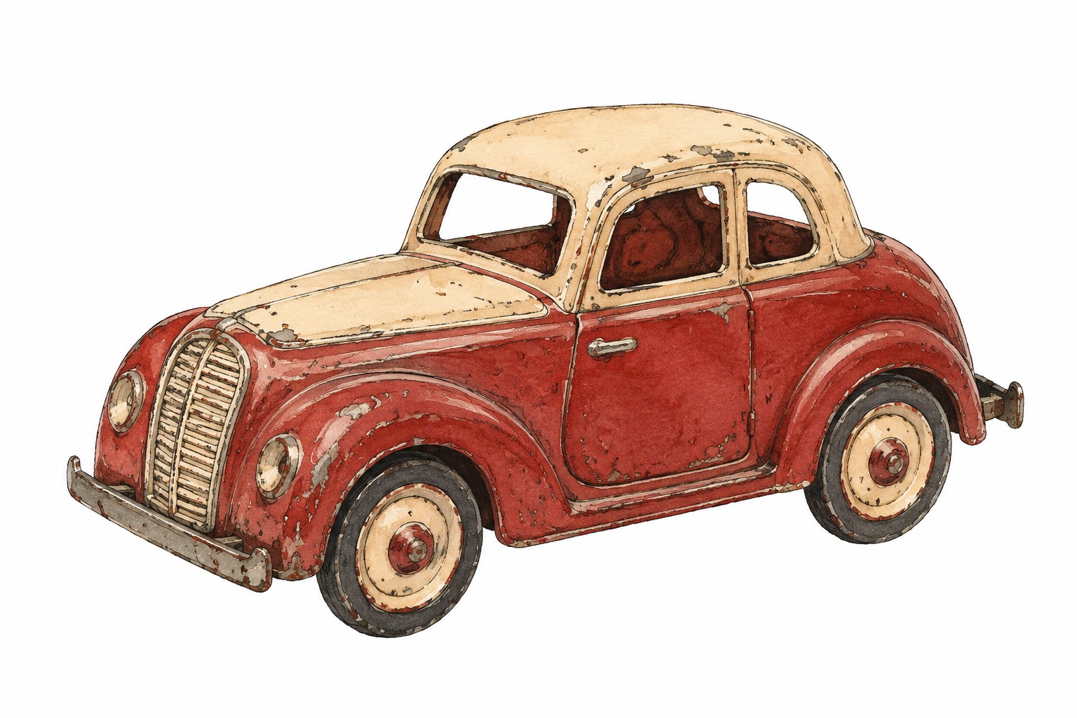 Aquarell-Illustration eines roten alten Spielzeugautos aus Metall auf weißem Hintergrund