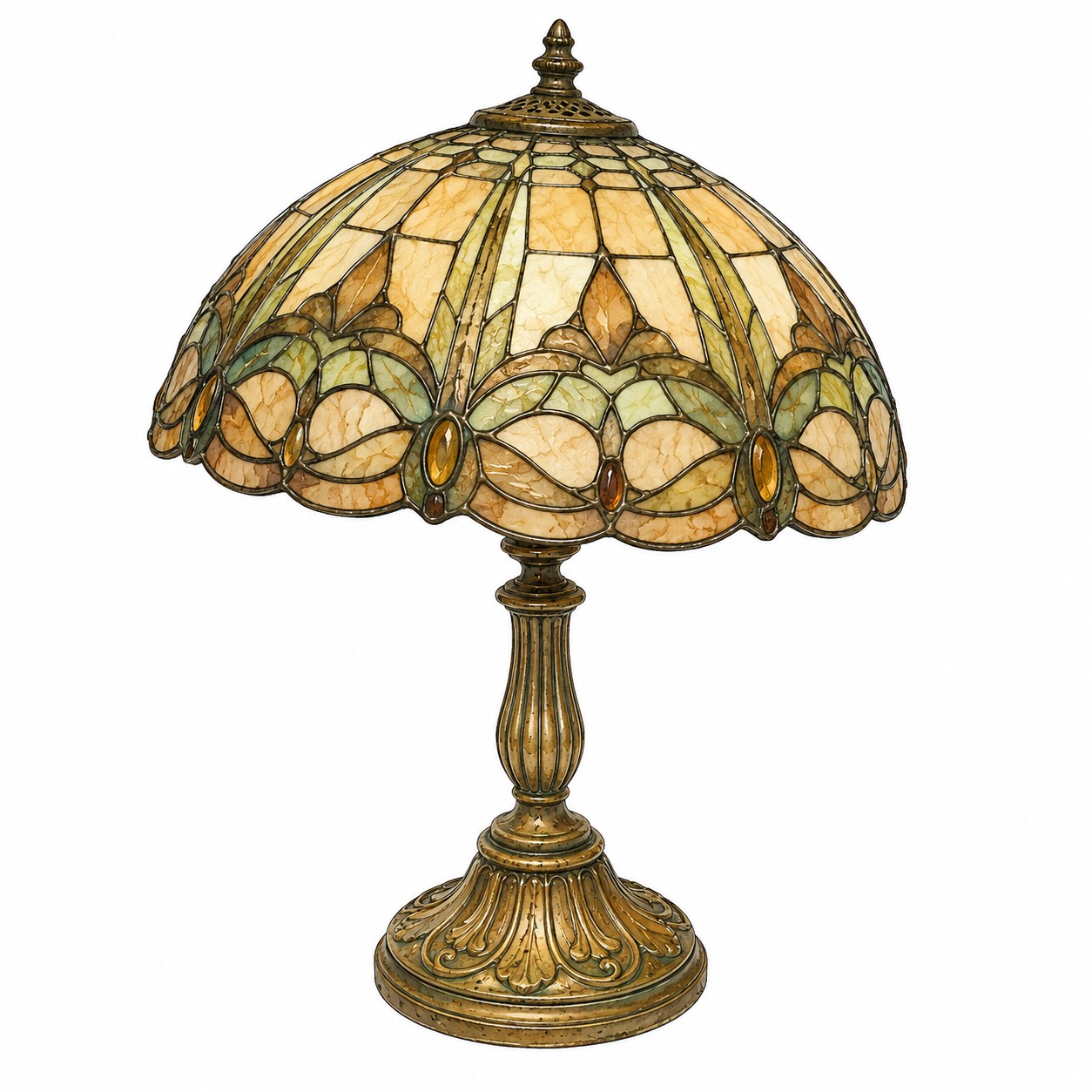 Aquarell-Illustration einer alten Tischlampe im Tiffany-Stil mit gemustertem Lampenschirm auf weißem Hintergrund