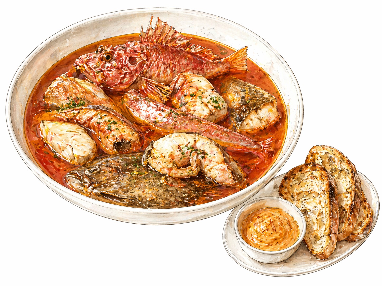 Bouillabaisse-Illustration: Aquarell mit Skorpionfisch, Petersfisch und Croûtons