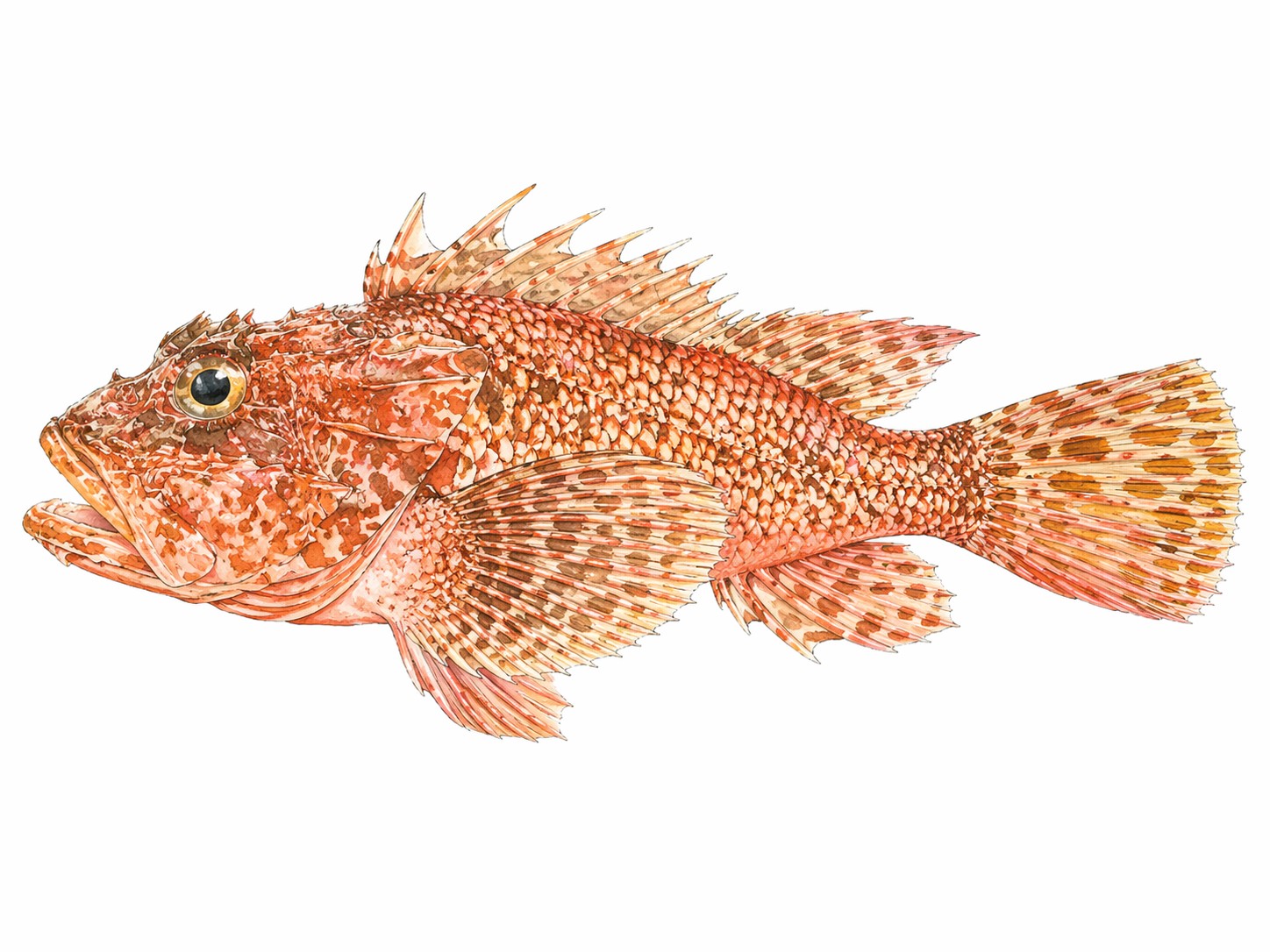 Aquarell-Illustration einer Rascasse (Skorpionfisch), Mittelmeerfisch der Charte de la Bouillabaisse