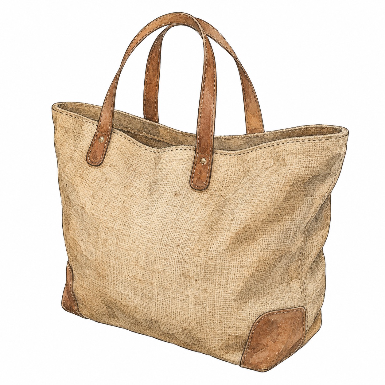 Aquarell-Illustration einer Vintage-Handtasche aus Stoff und Leder auf weißem Hintergrund