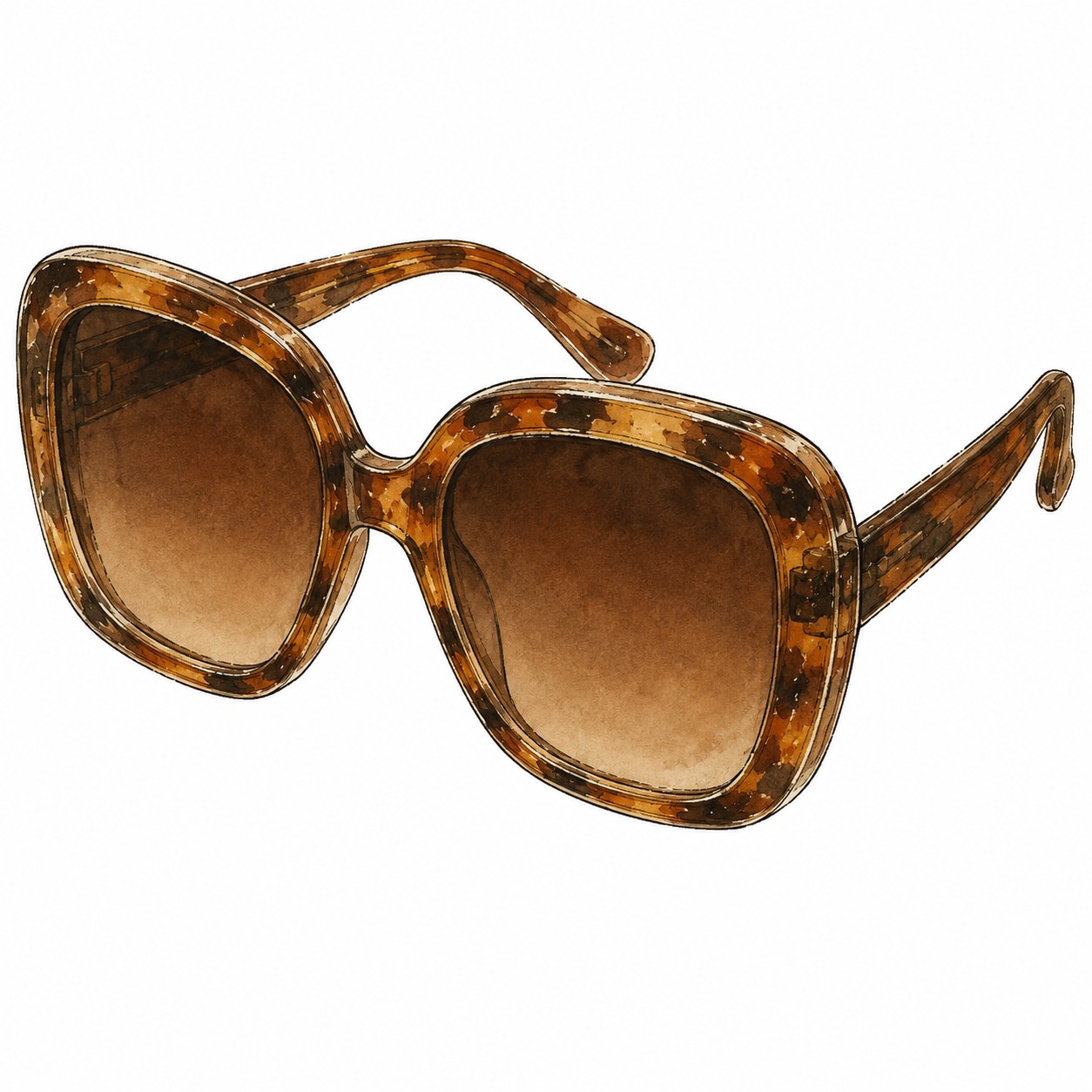 Aquarell-Illustration einer großen Vintage-Sonnenbrille mit brauner Schildpattfassung auf weißem Hintergrund