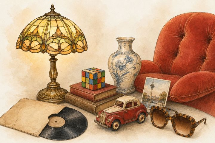 Aquarell-Illustration mit typischen Flohmarktfunden wie Tiffany-Lampe, Porzellanvase, Schallplatte, Spielzeugauto, Sonnenbrille und rotem Sessel.