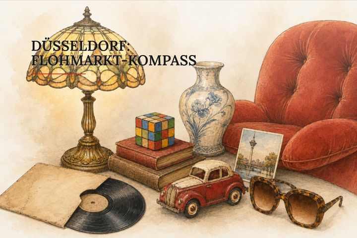 Aquarell-Illustration zum Düsseldorfer Flohmarkt-Kompass mit Tiffany-Lampe, rotem Sessel, Schallplatte, Spielwürfel, Spielzeugauto, Vase und Sonnenbrille.
