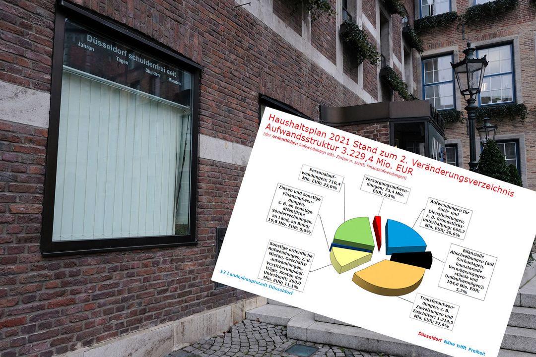 Foto: Schuldenuhr abgeschaltet, Investitionen 2021 geplant / Foto (c) Landeshauptstadt Düsseldorf / Michael Gstettenbauer / Grafik Stadt