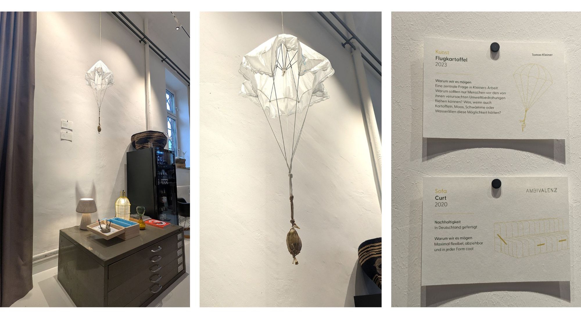 Kunst mit Augenzwinkern – Die „Flugkartoffel“ von Tomas Kleiner schwebt im Loft als humorvolles Sinnbild fürs Abheben – oder fürs Loslassen. Warum also nicht mal eine Kartoffel fliegen lassen? Design zum Schmunzeln und Nachdenken. / Foto: Alexandra Scholz-Marcovich, NDOZ
