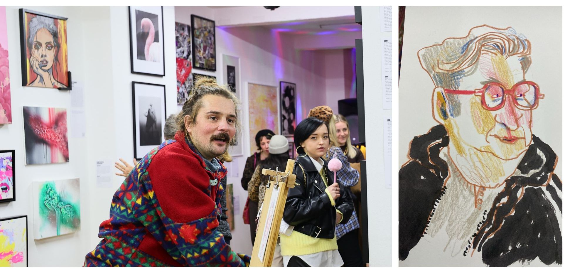 Links: Illustrator Markus Parnow bei der Live-Zeichnung beim „kleinen WEEKEND – Die Unterschätzung“ von Loft of Art im Atelier ausARTen in Bilk; rechts sein Porträt von NDOZ-Fotograf Klaus von Jackelmann. / Fotos: Klaus von Jackelmann, Zeichnung: Markus Parnow.