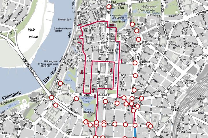 Der Verlauf des Rosenmontagszuges und die damit verbundenen Straßensperren am 3. März in der Übersicht (Details) / Foto: Landeshauptstadt Düsseldorf, Amt für Verkehrsmanagement 
