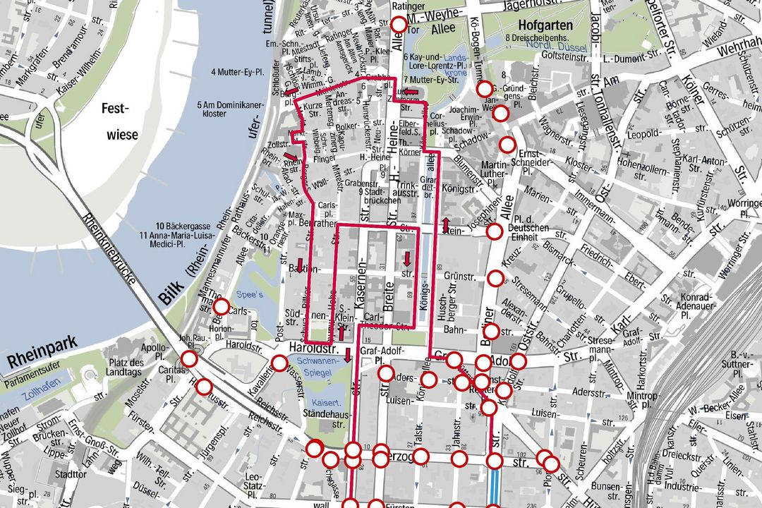 Der Verlauf des Rosenmontagszuges und die damit verbundenen Straßensperren am 3. März in der Übersicht (Details) / Foto: Landeshauptstadt Düsseldorf, Amt für Verkehrsmanagement 