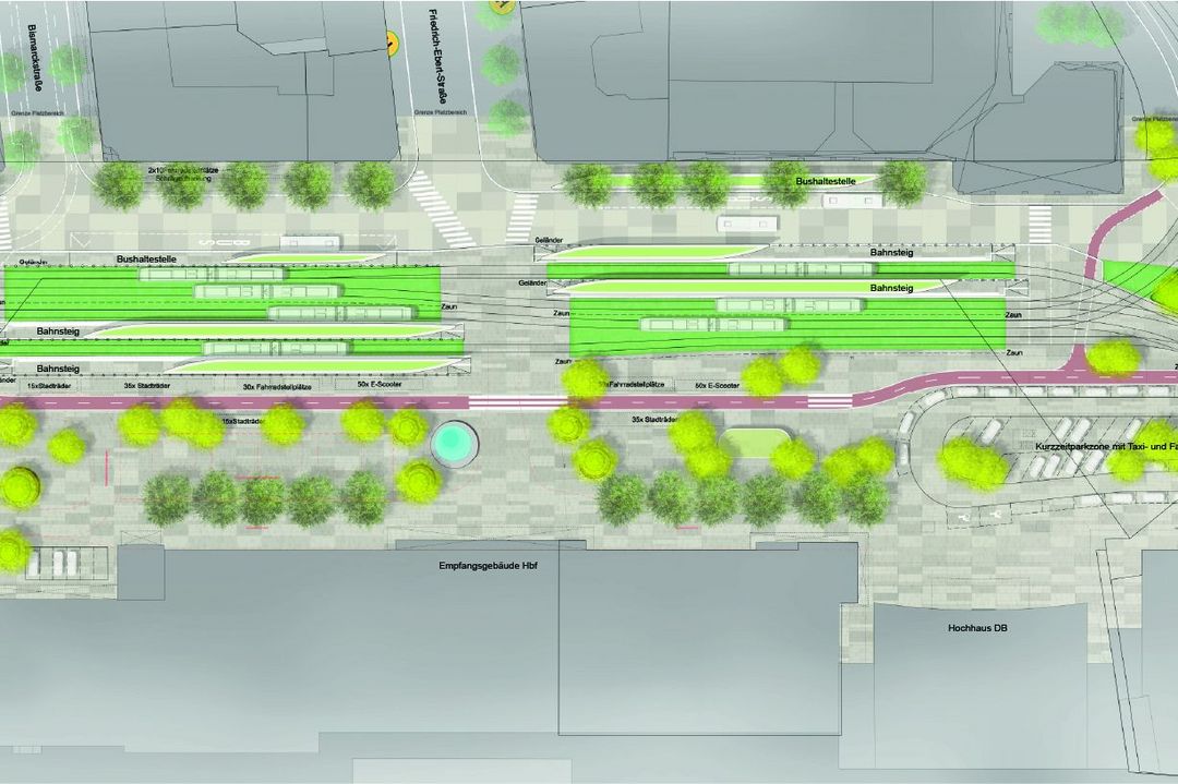 Freianlagenplan zur geplanten Neugestaltung des Konrad-Adenauer-Platzes vor dem Düsseldorfer Hauptbahnhof