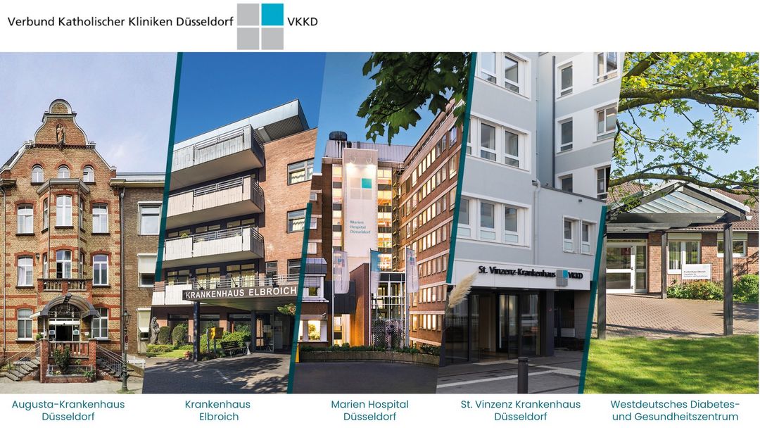 Die St. Franziskus-Stiftung Münster wird Mehrheitsgesellschafterin beim Verbund Katholischer Kliniken Düsseldorf, zu dem vier Krankenhäuser sowie ein Gesundheitszentrum gehören (von links nach rechts): Augusta-Krankenhaus Düsseldorf, Krankenhaus Elbroich, Marien Hospital Düsseldorf, St. Vinzenz-Krankenhaus Düsseldorf sowie das Westdeutsche Diabetes- und Gesundheitszentrum. / Foto: Verbund Katholischer Kliniken Düsseldorf gGmbH