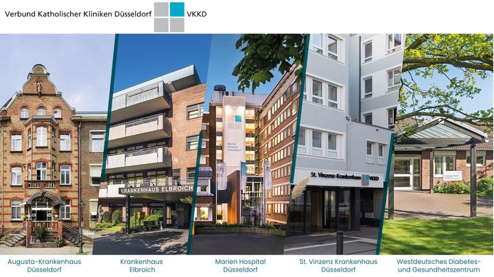 Die St. Franziskus-Stiftung Münster wird Mehrheitsgesellschafterin beim Verbund Katholischer Kliniken Düsseldorf, zu dem vier Krankenhäuser sowie ein Gesundheitszentrum gehören (von links nach rechts): Augusta-Krankenhaus Düsseldorf, Krankenhaus Elbroich, Marien Hospital Düsseldorf, St. Vinzenz-Krankenhaus Düsseldorf sowie das Westdeutsche Diabetes- und Gesundheitszentrum. / Foto: Verbund Katholischer Kliniken Düsseldorf gGmbH