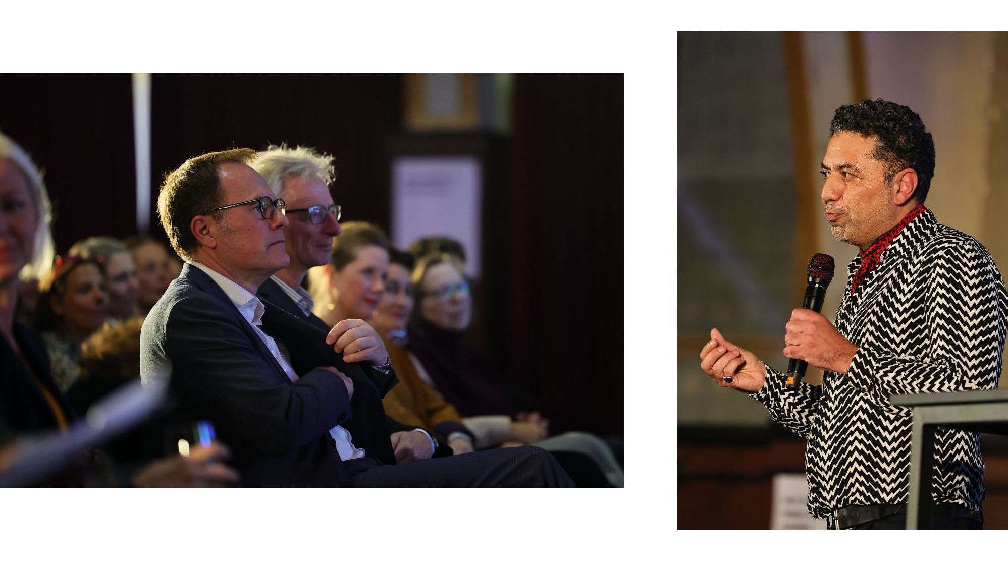 Düsseldorfs Oberbürgermeister Stephan Keller im Publikum der Preisverleihung und Festivalleiter Hamed Shahi sprach über das gewachsene Vertrauen zwischen Künstler:innen, Stadt und Politik. / Foto: Klaus von Jackelmann Düsseldorfs Oberbürgermeister Stephan Keller im Publikum der Preisverleihung und Festivalleiter Hamed Shahi sprach über das gewachsene Vertrauen zwischen Künstler:innen, Stadt und Politik. / Foto: Klaus von Jackelmann