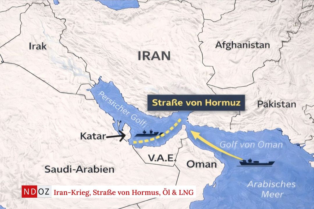 Karte der Straße von Hormus zwischen Iran und Oman mit markierten Schifffahrtsrouten.