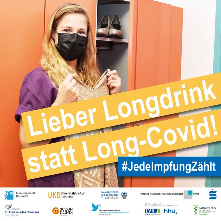 Impfappell #JedeImpfungZählt: Social-Media-Motiv "Lieber Longdrink statt Long-Covid!",© Stadt Düsseldorf, Uniklinik Düsseldorf, VKKD, EVK, Paracelsus-Klinik Düsseldorf Golzheim, Kaiserswerther Diakonie, Martinus-Krankenhaus, Sana Kliniken, LVR-Klinikum, Schön-Klinik