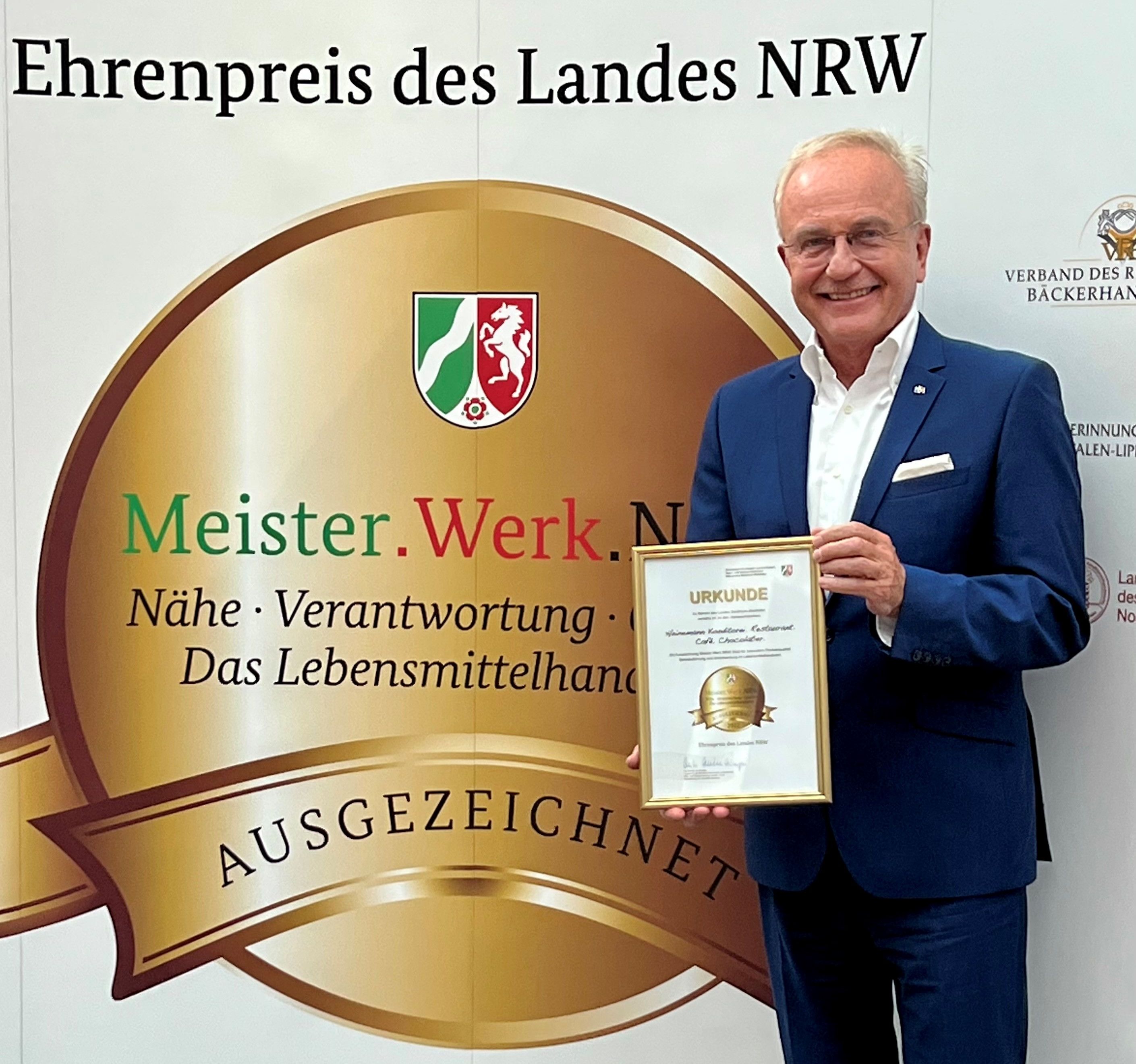 Chocolatier Heinz-Richard Heinemann nahm in Düsseldorf die Auszeichnung „Meister.Werk.NRW“/ Foto @ Konditorei Heinemann