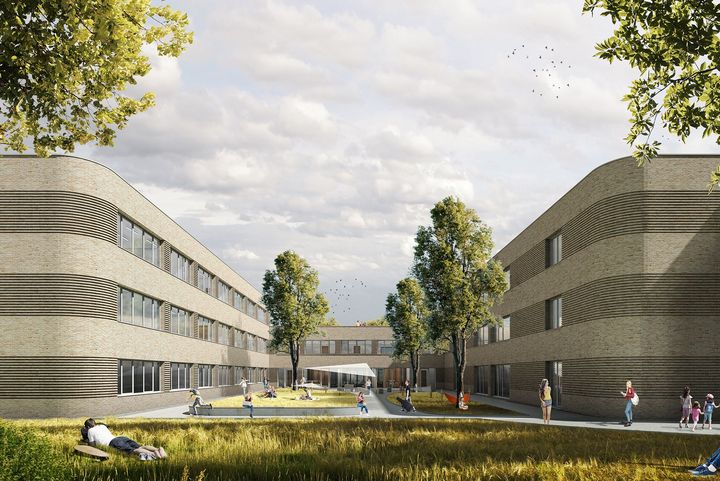 Das zukünftige Gebäude der Theodor-Litt-Realschule wird über zwei spiegelsymmetrische, dreigeschossige Gebäudeflügel für die allgemeinen Unterrichtscluster verfügen. Verbunden werden diese Trakte über einen zweigeschossigen Forumsbau © VIR.works 