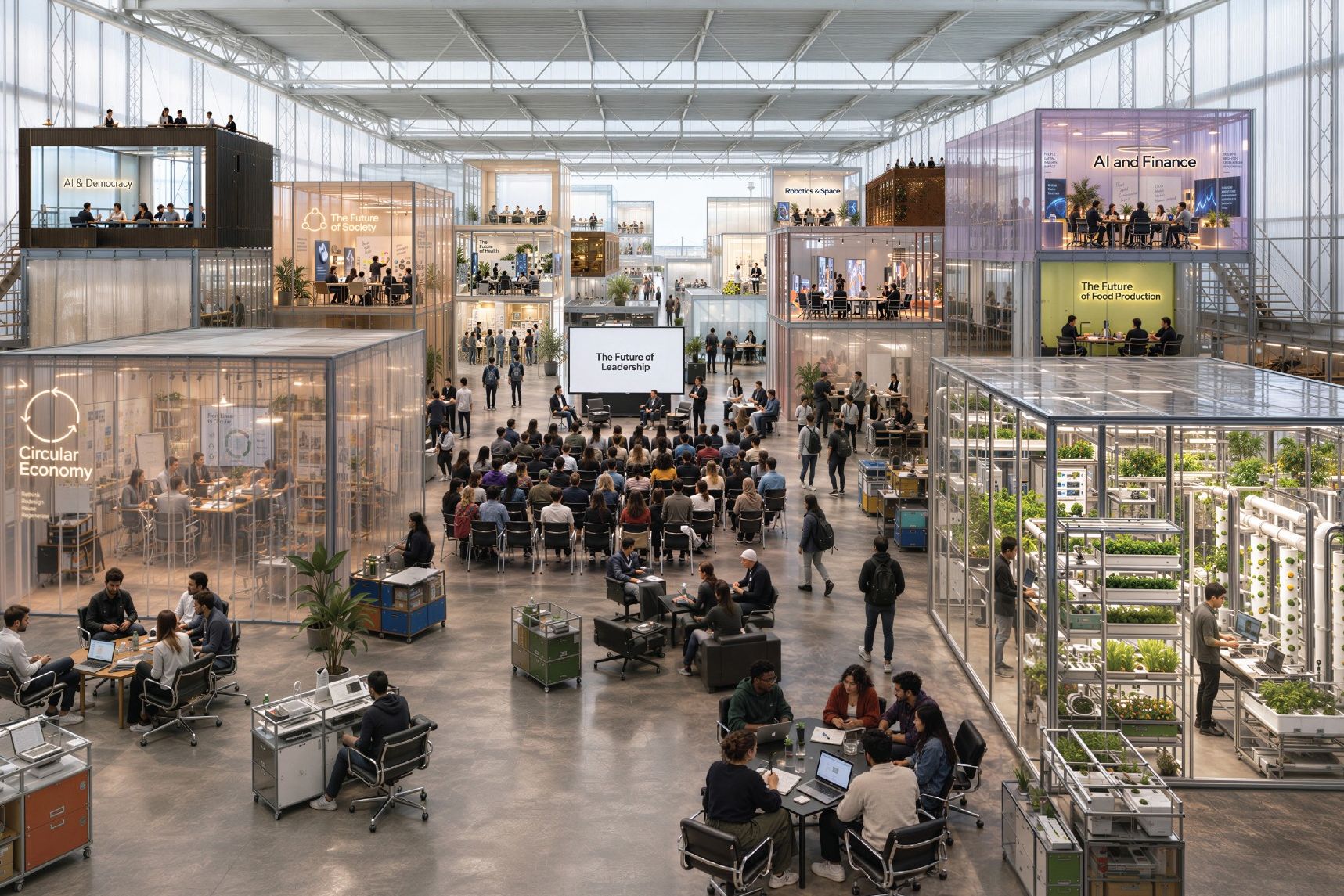 Innenansicht des geplanten WHU-Campus Visualisierung eines offenen Lern- und Begegnungsbereichs im geplanten WHU-Campus im Düsseldorfer Medienhafen.