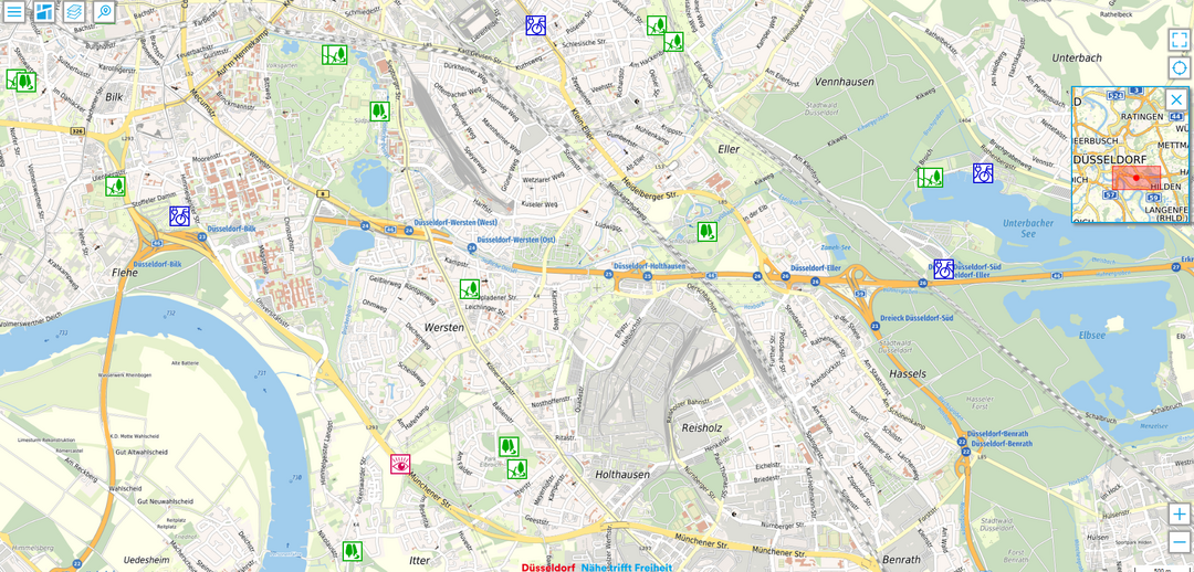Düsseldorf Maps bildet viele Themen ab, wie hier Parkanlagen, E-Bike-Ladestationen und "Sport im Park" 