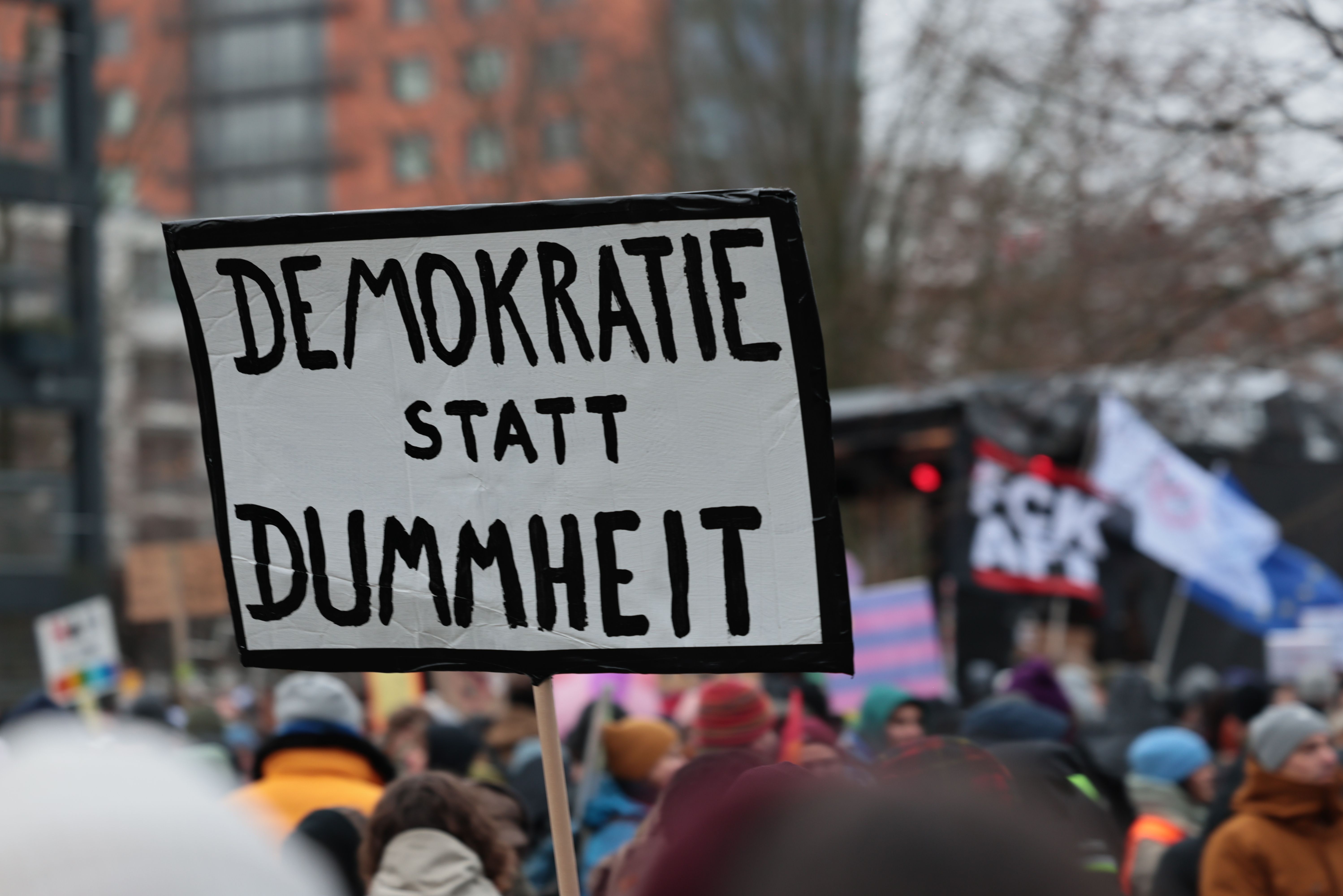 Plakate und klare Botschaften prägten die PRÜF-Demo vor dem Landtag – hier mit dem Schild "Demokratie statt Dummheit" / Foto: Klaus von Jackelmann Plakate und klare Botschaften prägten die PRÜF-Demo vor dem Landtag – hier mit dem Schild "Demokratie statt Dummheit" / Foto: Klaus von Jackelmann