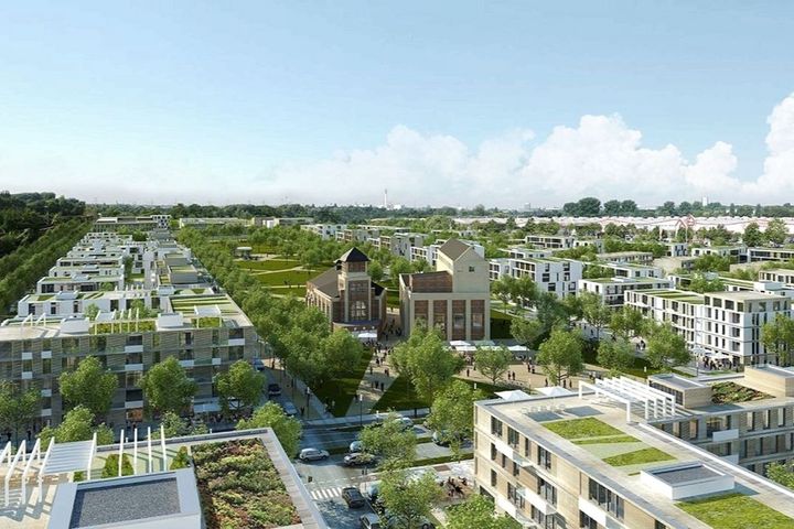 Visualisierung des geplanten Glasmacherviertels in Düsseldorf-Gerresheim mit Wohngebäuden, Grünflächen und erhaltenen historischen Industriebauten