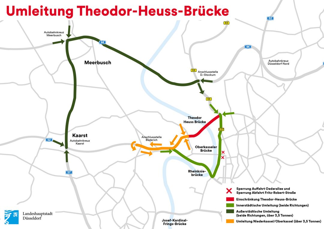 Karte der Landeshauptstadt Düsseldorf mit möglichen Umleitungsrouten während der Sanierung der Theodor-Heuss-Brücke