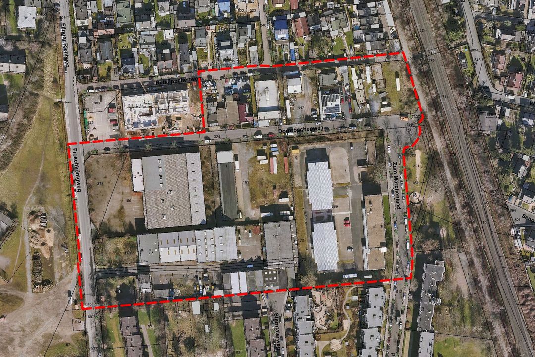 Luftbild des rund 26.000 Quadratmeter großen Plangebietes Froschkönigweg/Dornröschenweg © Landeshauptstadt Düsseldorf/Stadtplanungsamt 