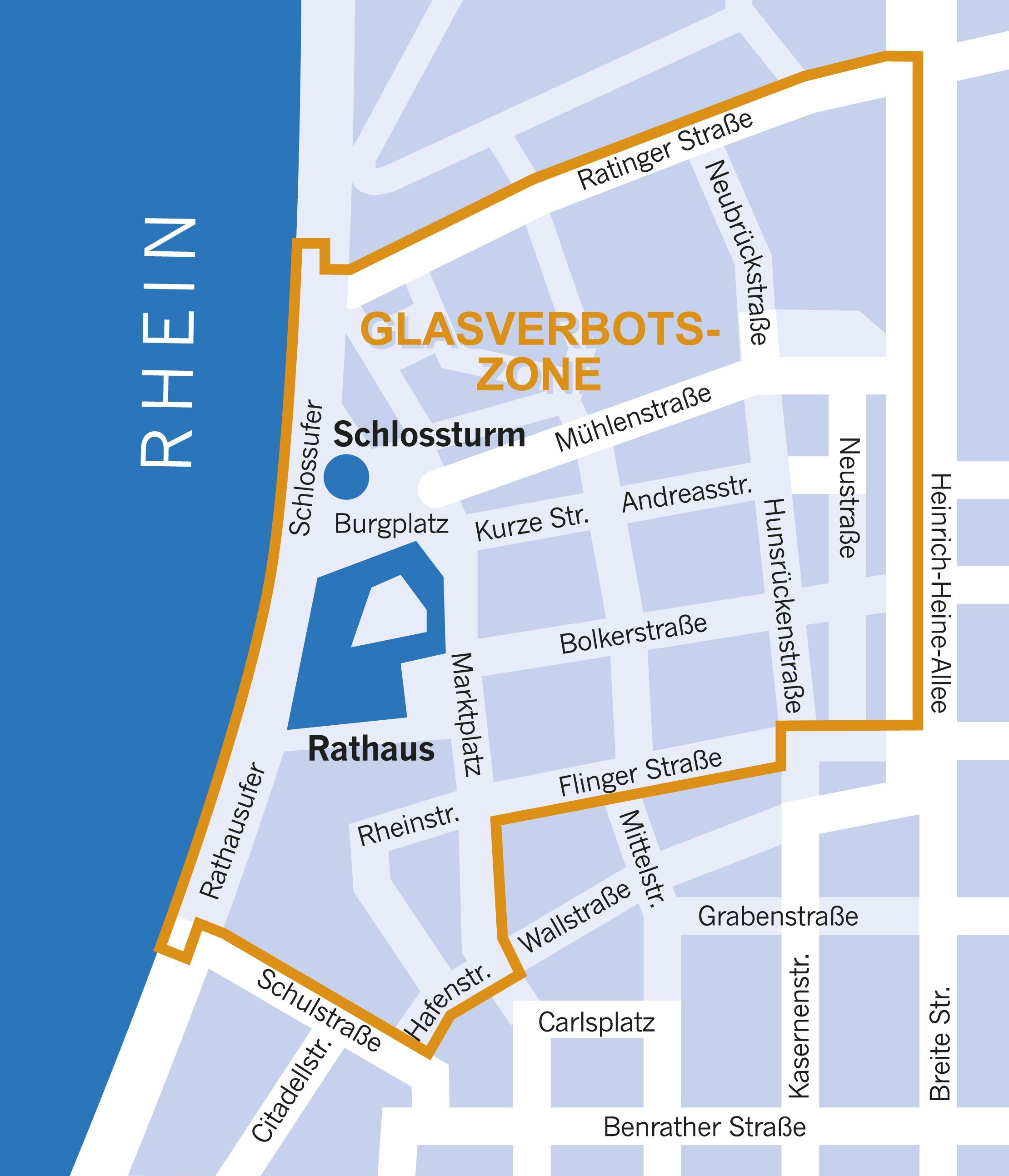 Bereits im 13. Jahr in Folge setzt die Stadt Düsseldorf das Konzept "scherbenfreie Altstadt" um. Das Glasverbot gilt für den Kern der Altstadt. An insgesamt 16 Zugangspunkten zur Altstadt erfolgen Kontrollen © Landeshauptstadt Düsseldorf 