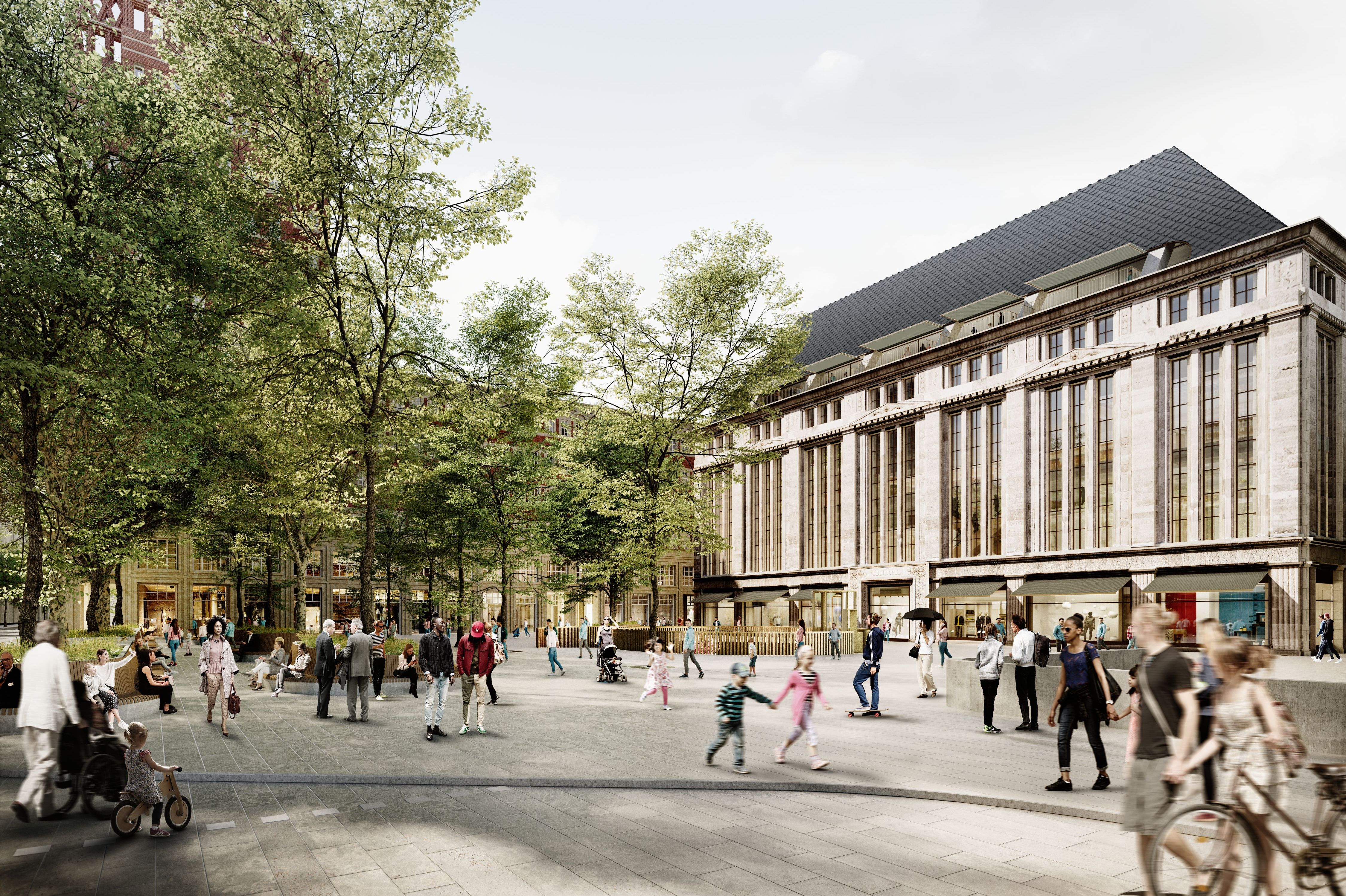 Die Animation bietet einen Blick auf den neu gestalteten Heinrich-Heine-PLatz © SIGNA/David Chipperfield Architects 