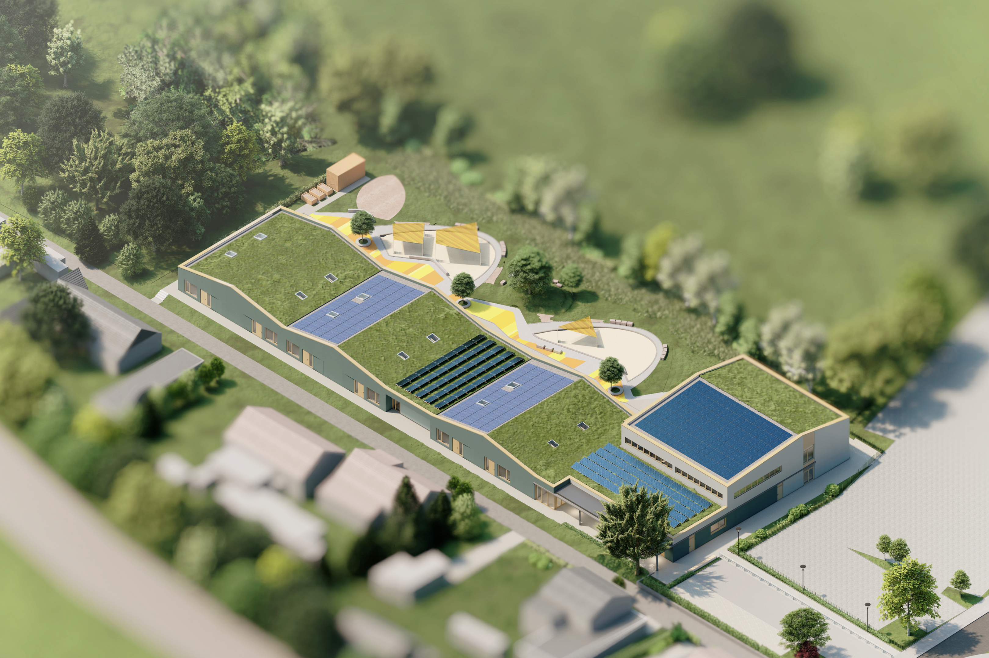 Es wird eine Photovoltaik-Anlage mit einer Gesamtleistung von rund 85 Kilowatt-Peak angebracht. Zudem entstehen neue Grünflächen mit einer umfangreichen Neupflanzung von Sträuchern und Bäumen © Wollenweber Architektur 