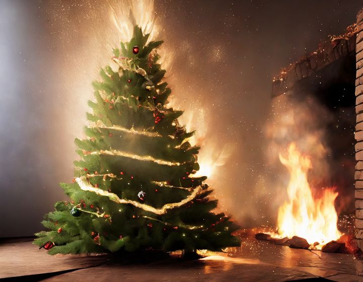 Sicherer Standort für den Weihnachtsbaum: Platzieren Sie den Baum fern von brennbaren Gegenständen wie Gardinen und stellen Sie ihn auf einer nicht brennbaren Unterlage /Bild: Adobe firefly