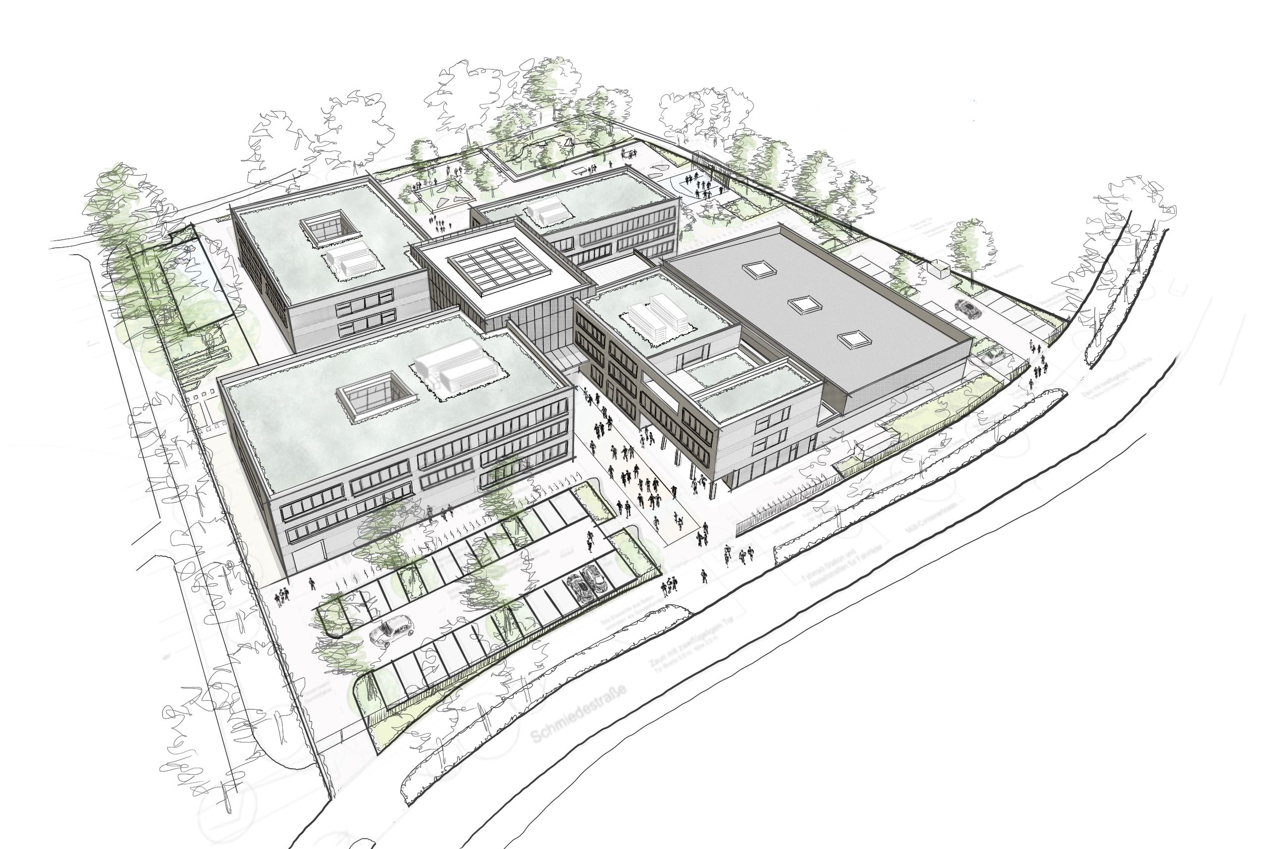 Das dreigeschossige Gesamtensemble besteht aus drei Lernhäusern und einem Verwaltungshaus mit angeschlossener Dreifachsporthalle, die windmühlenartig um den Eingangsbereich im Zentrum angeordnet sind © agn Niederberghaus & Partner GmbH