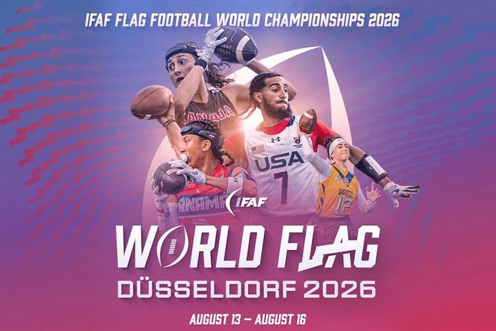 Grafik zur Flag-Football-WM 2026 in Düsseldorf mit internationalen Spielerinnen und Spielern