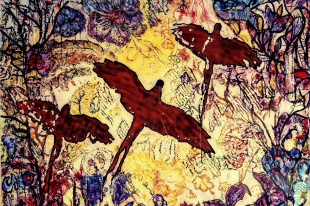 Claus Henning Obst- Drei Papageien - Hinterglasmalerei, Mixed Media hinter Kristall - Acrylglas - Maße: 200 x 153 cm / Foto: BBK Kunstforum