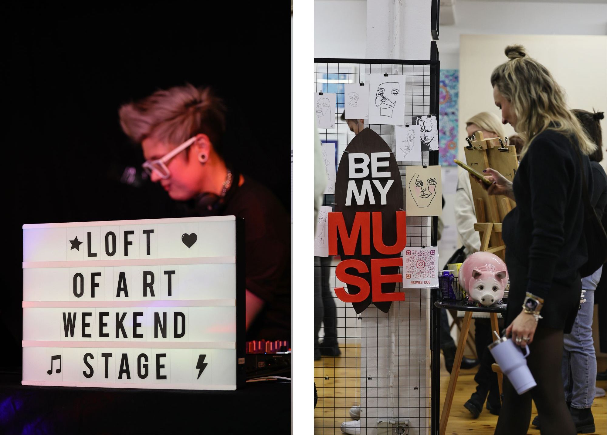 Links: Djane AnnKay an der „Loft of Art Weekend Stage“, rechts die „Be my muse“-Ecke mit Zeichnungen. / Foto: Klaus von Jackelmann.