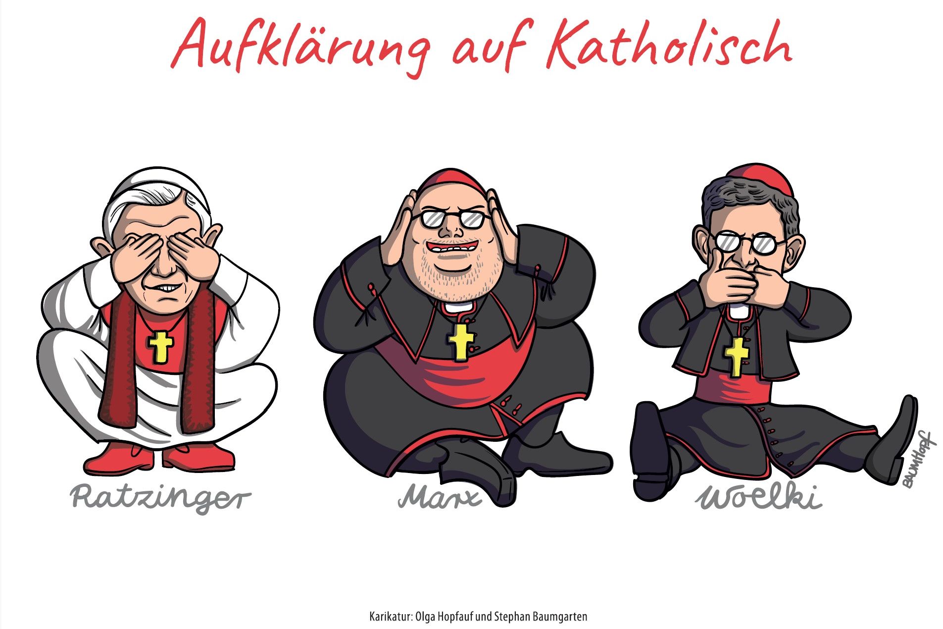 Postkart: "Aufklärung auf Katholisch" - Karikatur von Olga Hopfauf und Stephan Baumgarten