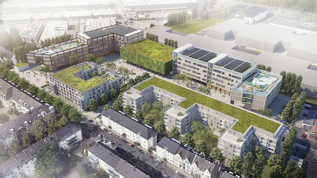 Das Quartier ist ein umfassendes Entwicklungsprojekt im Düsseldorfer Süden: Auf der circa 30.000 Quadratmeter großen Fläche sollen zwei neue Schulen, ein Sportkomplex, ein ein Senioren-Pflegehaus sowie Wohneinheiten entstehen © IDR AG
