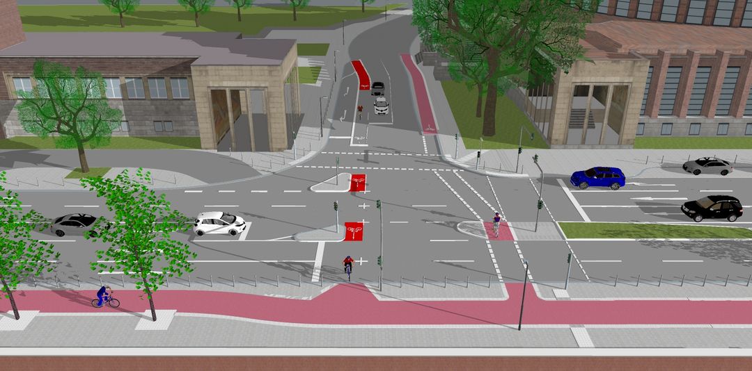 Über die neuen Querungen am Knotenpunkt Oederallee können Radfahrende nun direkt und bequem in Richtung Oberkassel und Heinrich-Heine-Allee weiter radeln